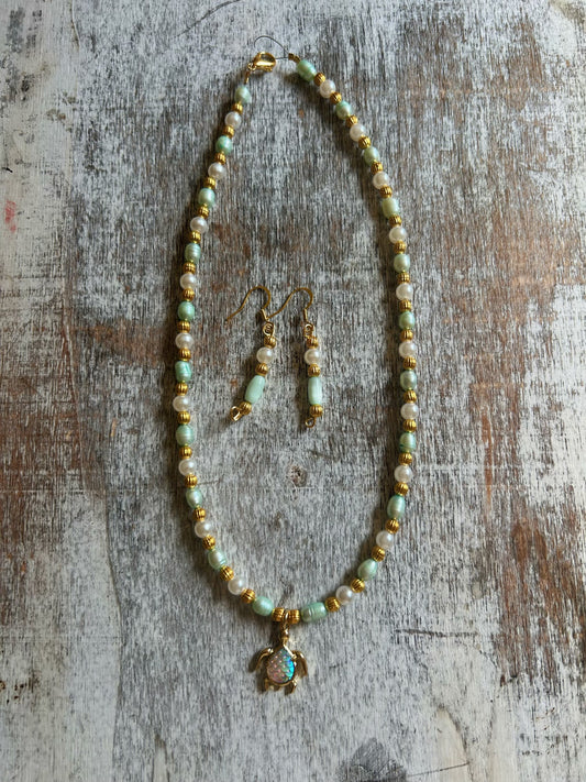 Pearl and Turquoise Turtle Necklace & Earring Set