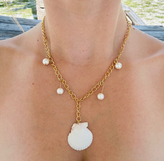 White Scallop Necklace with dangling pearls