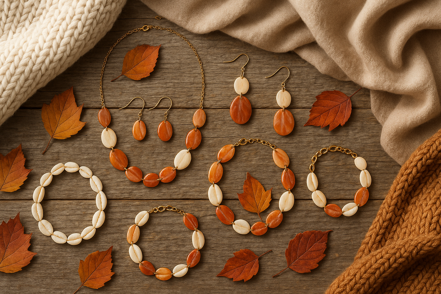 Flat lay of warm-toned shell jewelry on a rustic wooden surface with dried leaves, maybe paired with cozy fall textures (sweaters, knit cloth, etc.)